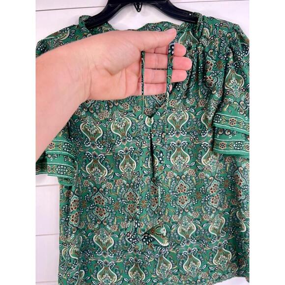 Max Studio Green  Peasant Blouse Ruffle Detail Patterned Short Sleeves Size M - Picture 7 of 13